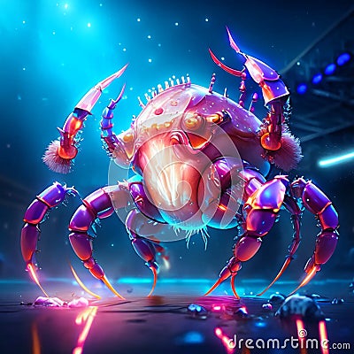 3D rendering of a pink crab in neon light on a dark background AI Generated Stock Photo