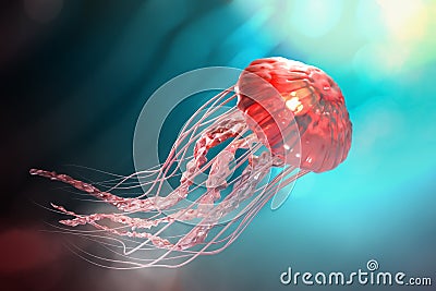 3d rendering of pink jellyfish floating in the dark blue ocean b Stock Photo