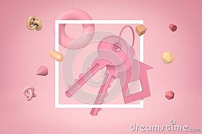 3d rendering of pink keys and a house shape key fob with random objects on pink background Stock Photo