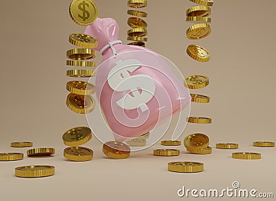 3D rendering Pink Moneybag and stack gold coins are falling isolated on beige background. Cashless society concept. Growth, Stock Photo