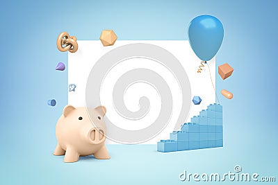 3d rendering of pink piggy bank, blue lego pieces and blue balloon with random objects on white and blue background Stock Photo