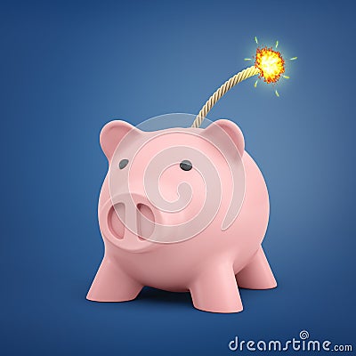 3d rendering of a pink piggy bank with a burning wick attached to the top. Stock Photo