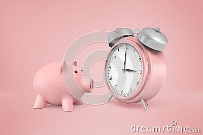 3d rendering of pink piggy bank stands near huge pink retro alarm clock on a pink background. Stock Photo