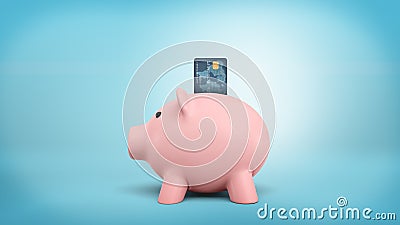 3d rendering of a pink piggy bank stands in a side view on a blue background with a credit card stuck into its coin slot Stock Photo