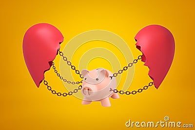 3d rendering of pink piggy bank suspended on chains between two parts of broken heart on yellow background. Stock Photo