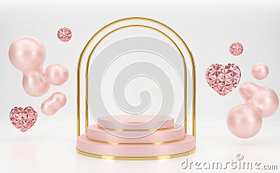3d rendering Pink podium steps with Gold gate shape. Stock Photo