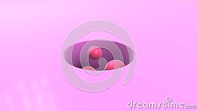 3D rendering of pink surface and perfectly round, cylindrical shape, hole. Many spheres fly out to the surface. Abstract, Stock Photo