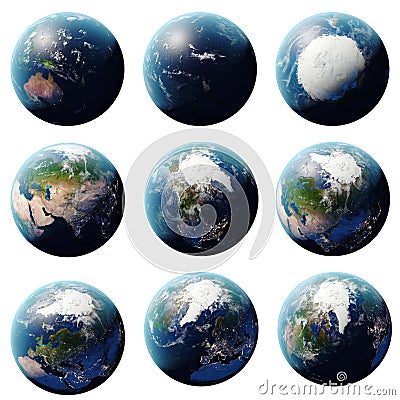 3D rendering Planet Earth set, globe from different angles, Set Earth on white background for your design Stock Photo