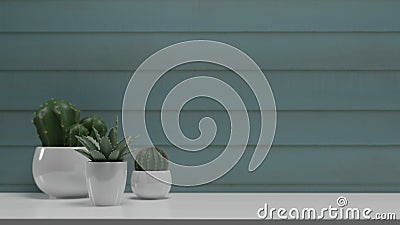 3D rendering, plant pots on white desk and copy space with plank wall background Stock Photo