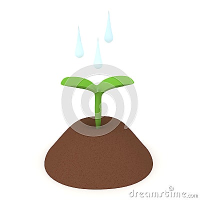 3D Rendering of plant seedling in soil being watered Stock Photo