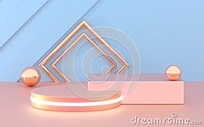 3D rendering podium geometry with pink blue and gold elements. Abstract geometric shape blank podium. Minimal scene Stock Photo