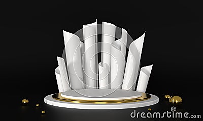 3D rendering podium white and gold elements. Abstract geometric shape blank podium. Minimal scene step floor abstract Stock Photo