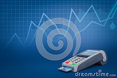 3d rendering of point-of-sale terminal with inserted card on blue background with line graphs and copy space. Stock Photo