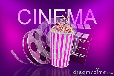 3d rendering of popcorn bucket with a movie film roll and a clapper under a word CINEMA on a purple background. Stock Photo