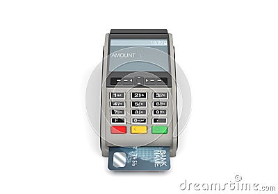 3d rendering of a POS-terminal with a generic plastic card inside and a screen with a writing AMOUNT on it. Stock Photo