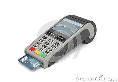 3d rendering of a POS-terminal with a generic plastic card inside and a screen with a writing AMOUNT on it. Stock Photo