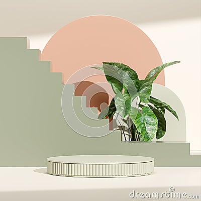 3D rendering product display podium with plant geometrical stairs a circle an arch in the background Stock Photo