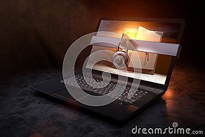 3D rendering from a protected Laptop with an golden vault as computer screen Stock Photo