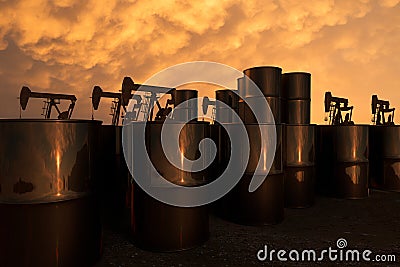 Pump jacks in an oil field Stock Photo