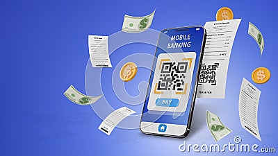 3D rendering of qr code scanning and mobile phone online payment. Stock Photo
