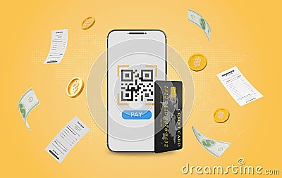 3d rendering of qr code scanning and online mobile payment with credit card. Mobile scan QR code, pay bills, invoices. online Stock Photo