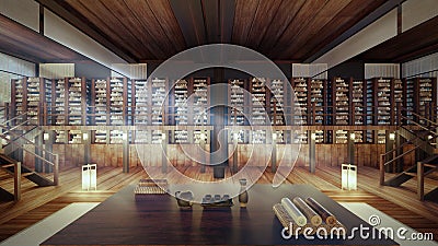 3D Rendering of Quaint Private Chinese Library with Bamboo Slip Stock Photo