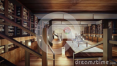 3D Rendering of Quaint Private Chinese Library with Bamboo Slip Stock Photo