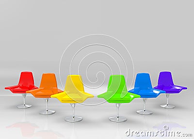 3d rendering. Rainbow color Chairs group with Copy space gray color wall as background. seating for LGBT or all sexual concept Stock Photo