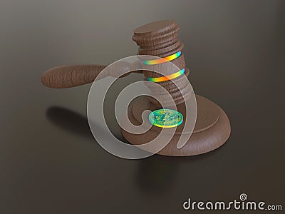 3D rendering - rainbow colored bitcoin under a gavel Cartoon Illustration