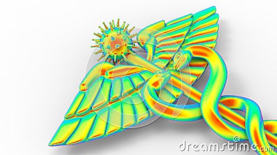 3D rendering - rainbow colored Caduceus with virus spikes Cartoon Illustration