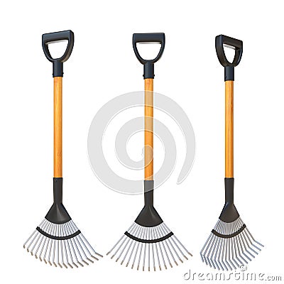 3D Rendering Rake With Wooden Handle Different Angle View Isolated On White Background, PNG File Add - Transparent Background Stock Photo