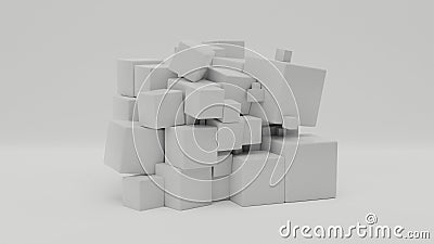 3d rendering of a random pile of white cubes of different sizes on a white surface. The idea of the beauty of chaos and the Stock Photo
