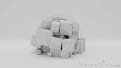 3d rendering of a random pile of white cubes of different sizes on a white surface. The idea of the beauty of chaos and the Stock Photo