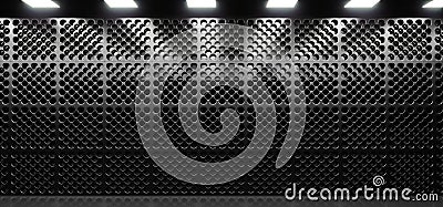 Realistic Dark Room With Metal Mesh Grid Wall Stock Photo