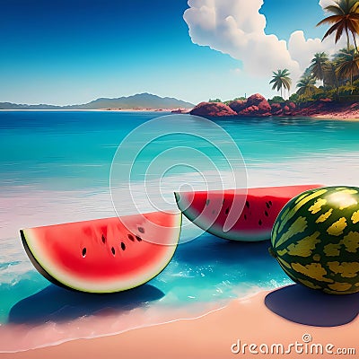 3D Rendering Realistic Fresh Watermelons On the Beach Sand With Sea Summer View Stock Photo