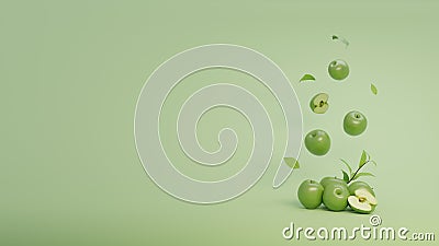 3d rendering realistic green apple with whole and slice of apple, social media post with text space Stock Photo