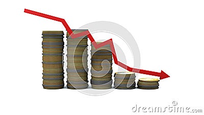 Gold and silver money coin stacked with red arrows points down Stock Photo