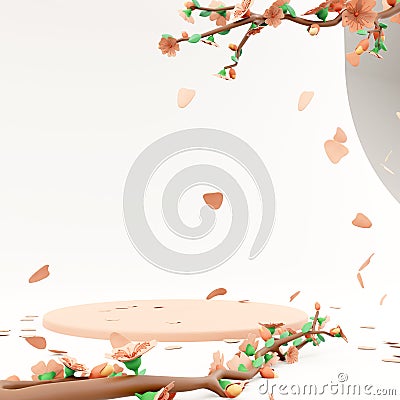 3d rendering realistic scene with a pedestal in pastel pink colors icon. 3d render podium with branches of ripening Stock Photo