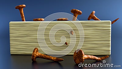 3d rendering of a rectangular wooden block with rusty nails Stock Photo