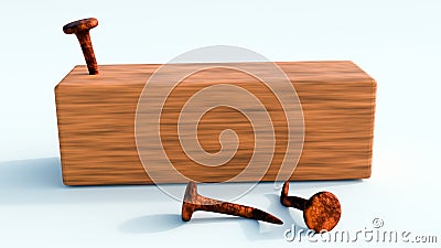 3d rendering of a rectangular wooden block with rusty nails Stock Photo
