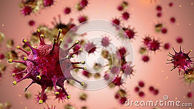 3D rendering red coronavirus cells covid-19 influenza flowing on dlight pink background as dangerous flu strain cases as a Stock Photo