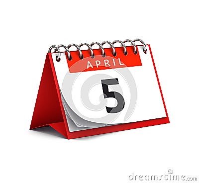 3D rendering of red desk paper spring month of April 5 date - calendar page isolated on whit Stock Photo