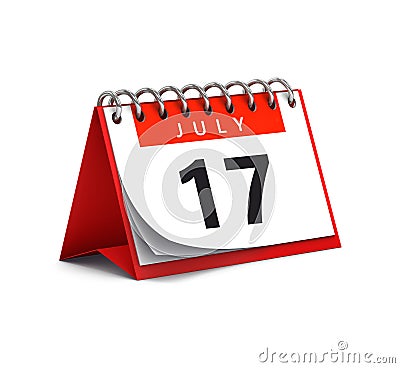 3D rendering of red desk paper spring month of July 17 date - calendar page isolated on whit Stock Photo