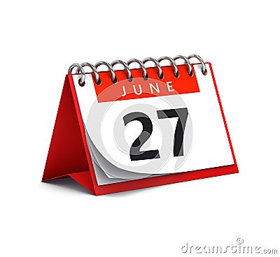 3D rendering of red desk paper spring month of June 27 date - calendar page isolated on whit Stock Photo
