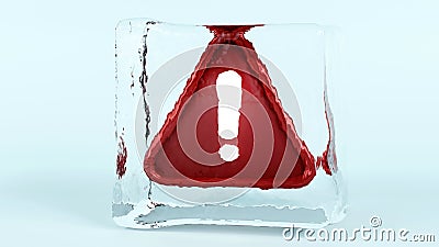 3D rendering of a red exclamation mark in ice cube, stop alert and warning, a crash occurred and notifications were interrupted Stock Photo