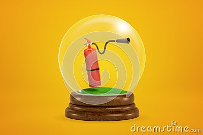 3d rendering of red fire extinguisher inside glass ball globe on amber background. Stock Photo