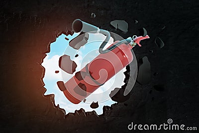 3d rendering of red foam fire extinguisher breaking black wall Stock Photo