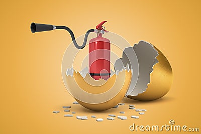 3d rendering of red foam fire extinguisher hatching out of golden egg on yellow background Stock Photo