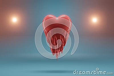 3D rendering Red heart is flying and melts from love on a blue background. Symbols of love for happy women, mother, valentines day Stock Photo