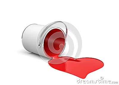 3d rendering of a red paint bucket lying on its side with paint leaking out and made heart shape. Stock Photo